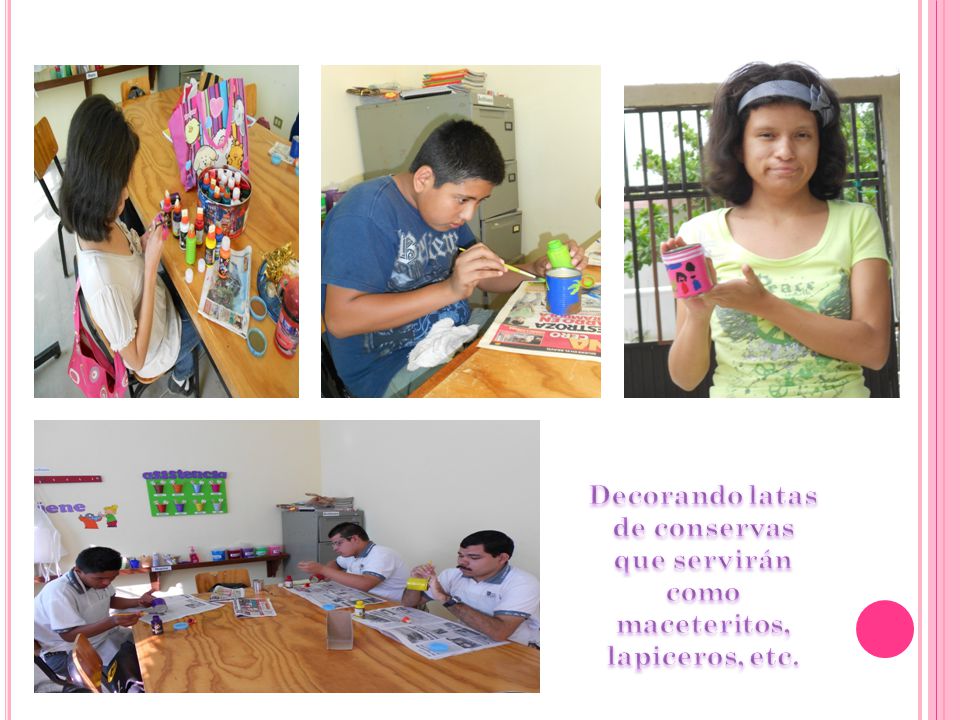Decorando latas de conservas que servirán como maceteritos, lapiceros, etc.
