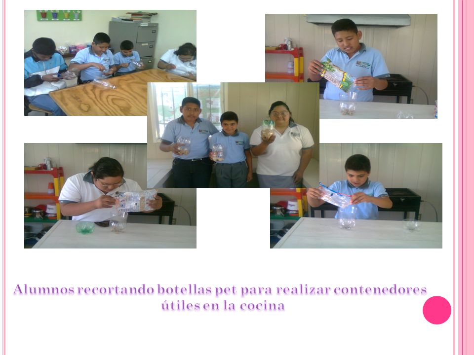 Alumnos recortando botellas pet para realizar contenedores
