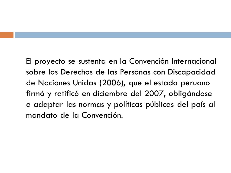 El proyecto se sustenta en la Convención Internacional sobre los Derechos de las Personas con Discapacidad de Naciones Unidas (2006), que el estado peruano firmó y ratificó en diciembre del 2007, obligándose a adaptar las normas y políticas públicas del país al mandato de la Convención.