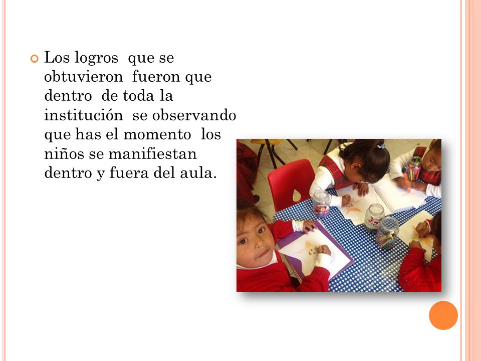 Los logros que se obtuvieron fueron que dentro de toda la institución se observando que has el momento los niños se manifiestan dentro y fuera del aula.