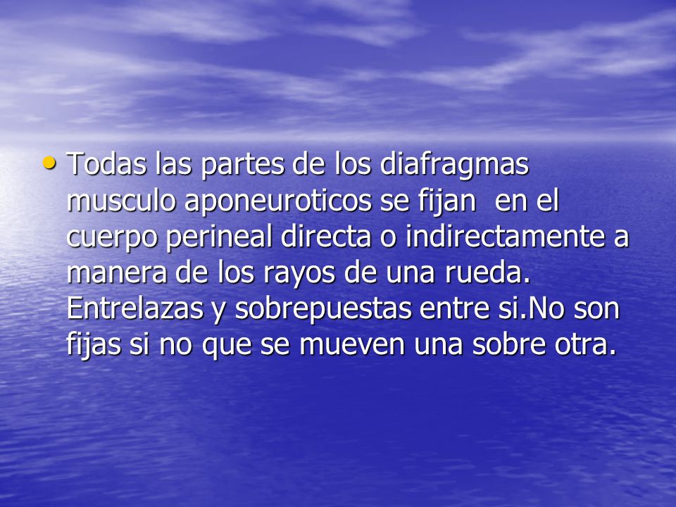 Todas las partes de los diafragmas musculo aponeuroticos se fijan en el cuerpo perineal directa o indirectamente a manera de los rayos de una rueda.