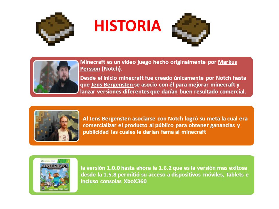 HISTORIA Minecraft es un video juego hecho originalmente por Markus Persson (Notch).