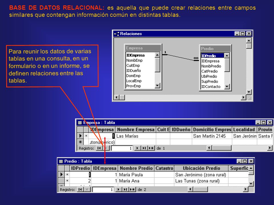 BASE DE DATOS RELACIONAL: es aquella que puede crear relaciones entre campos similares que contengan información común en distintas tablas.