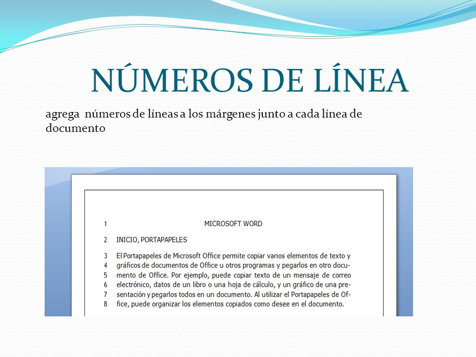 NÚMEROS DE LÍNEA agrega números de líneas a los márgenes junto a cada línea de documento