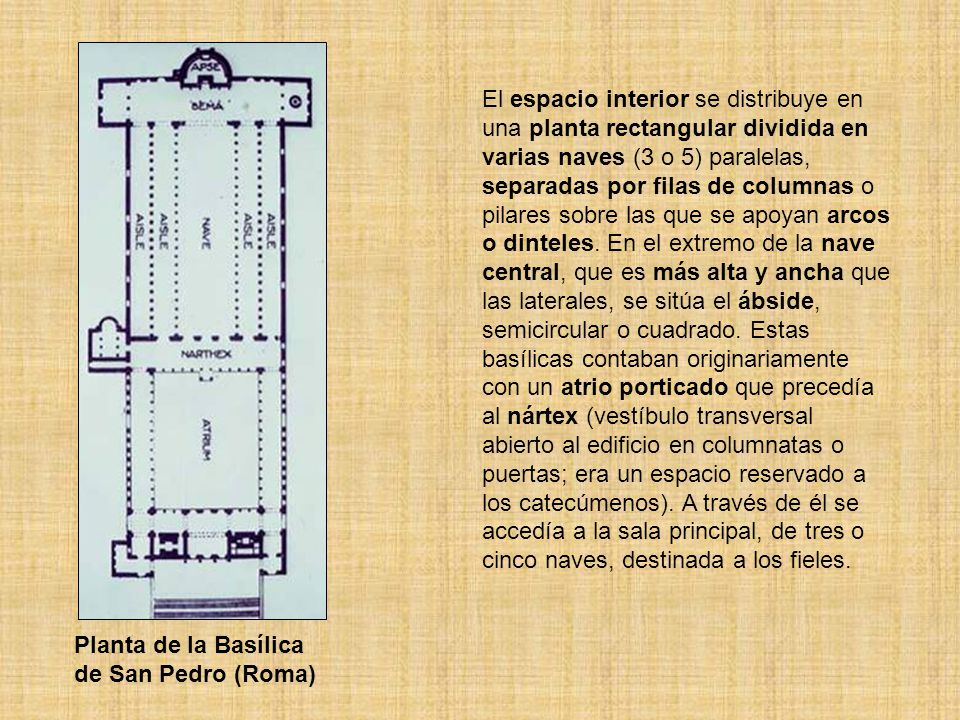 El espacio interior se distribuye en una planta rectangular dividida en varias naves (3 o 5) paralelas, separadas por filas de columnas o pilares sobre las que se apoyan arcos o dinteles. En el extremo de la nave central, que es más alta y ancha que las laterales, se sitúa el ábside, semicircular o cuadrado. Estas basílicas contaban originariamente con un atrio porticado que precedía al nártex (vestíbulo transversal abierto al edificio en columnatas o puertas; era un espacio reservado a los catecúmenos). A través de él se accedía a la sala principal, de tres o cinco naves, destinada a los fieles.