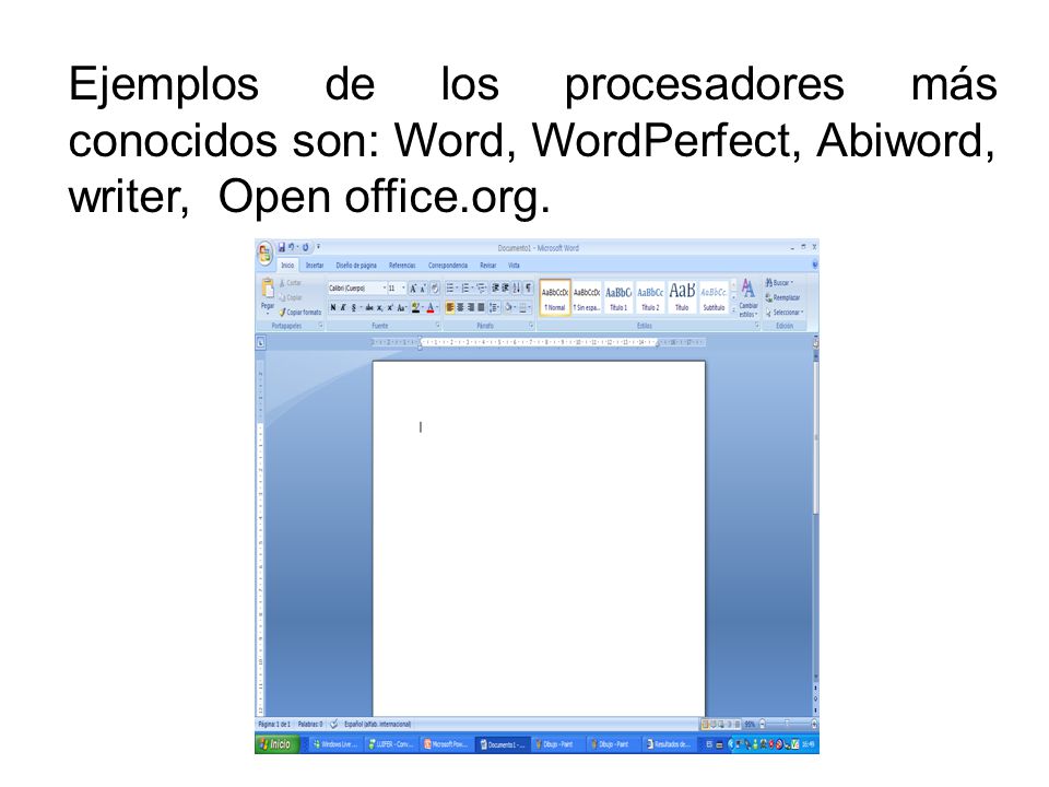 Ejemplos de los procesadores más conocidos son: Word, WordPerfect, Abiword, writer, Open office.org.