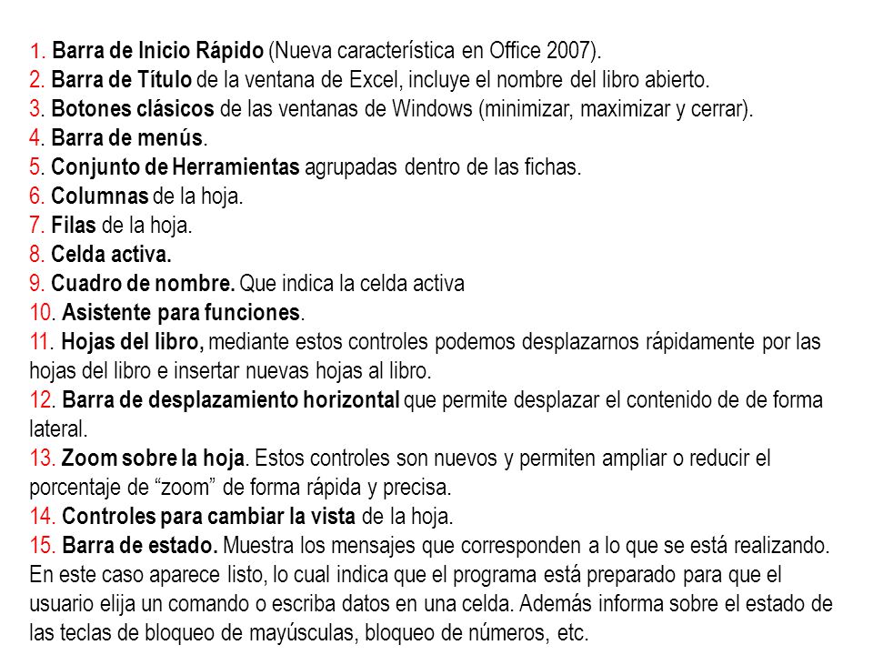 1. Barra de Inicio Rápido (Nueva característica en Office 2007). 2