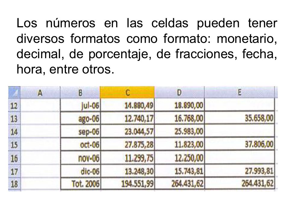Los números en las celdas pueden tener diversos formatos como formato: monetario, decimal, de porcentaje, de fracciones, fecha, hora, entre otros.