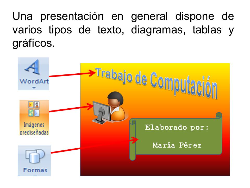 Una presentación en general dispone de varios tipos de texto, diagramas, tablas y gráficos.