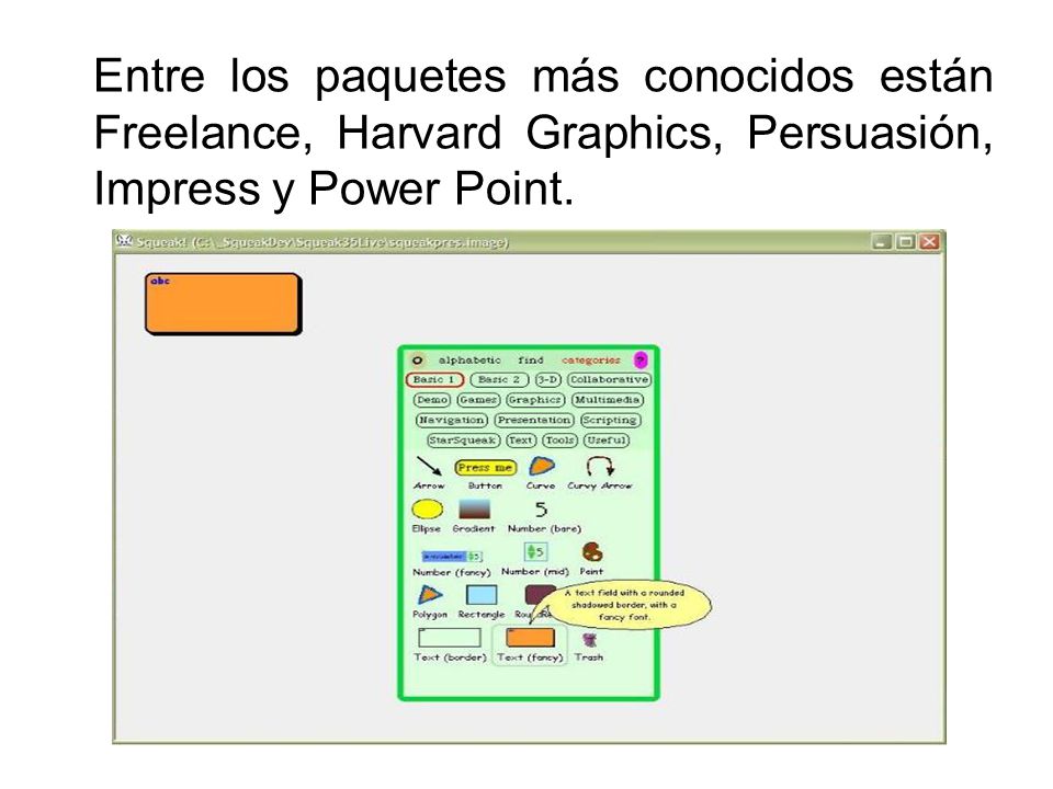 Entre los paquetes más conocidos están Freelance, Harvard Graphics, Persuasión, Impress y Power Point.
