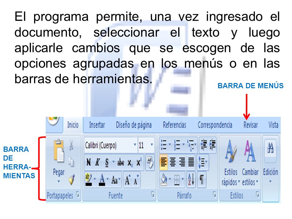 El programa permite, una vez ingresado el documento, seleccionar el texto y luego aplicarle cambios que se escogen de las opciones agrupadas en los menús o en las barras de herramientas.