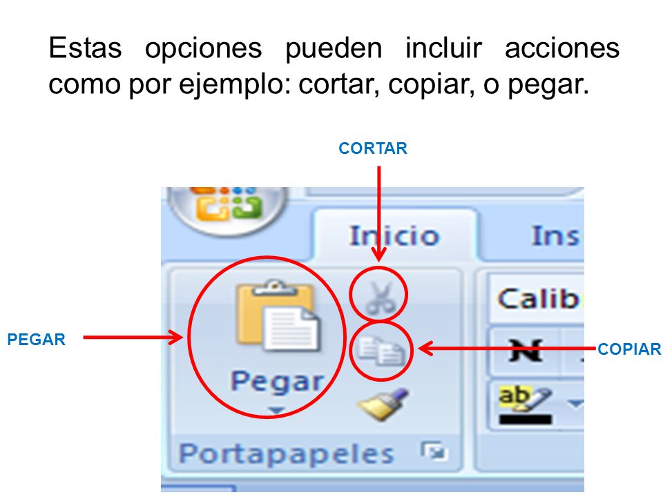 Estas opciones pueden incluir acciones como por ejemplo: cortar, copiar, o pegar.