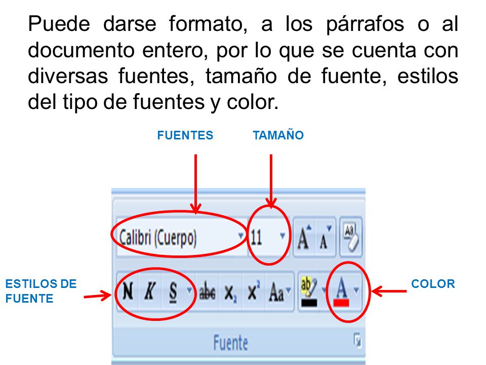 Puede darse formato, a los párrafos o al documento entero, por lo que se cuenta con diversas fuentes, tamaño de fuente, estilos del tipo de fuentes y color.
