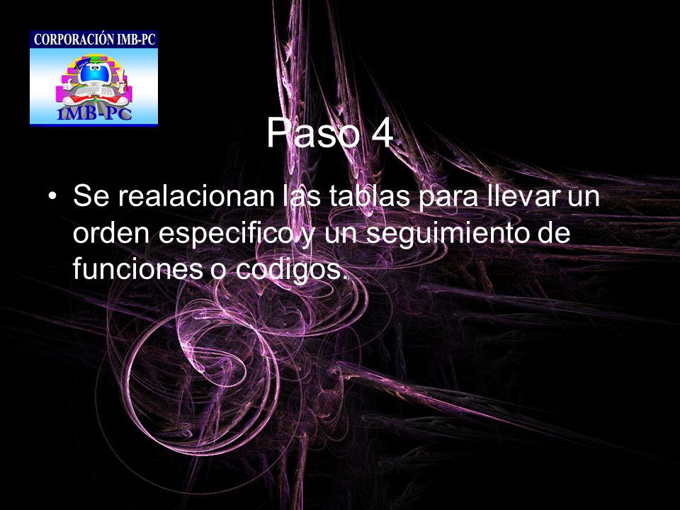 Paso 4 Se realacionan las tablas para llevar un orden especifico y un seguimiento de funciones o codigos.