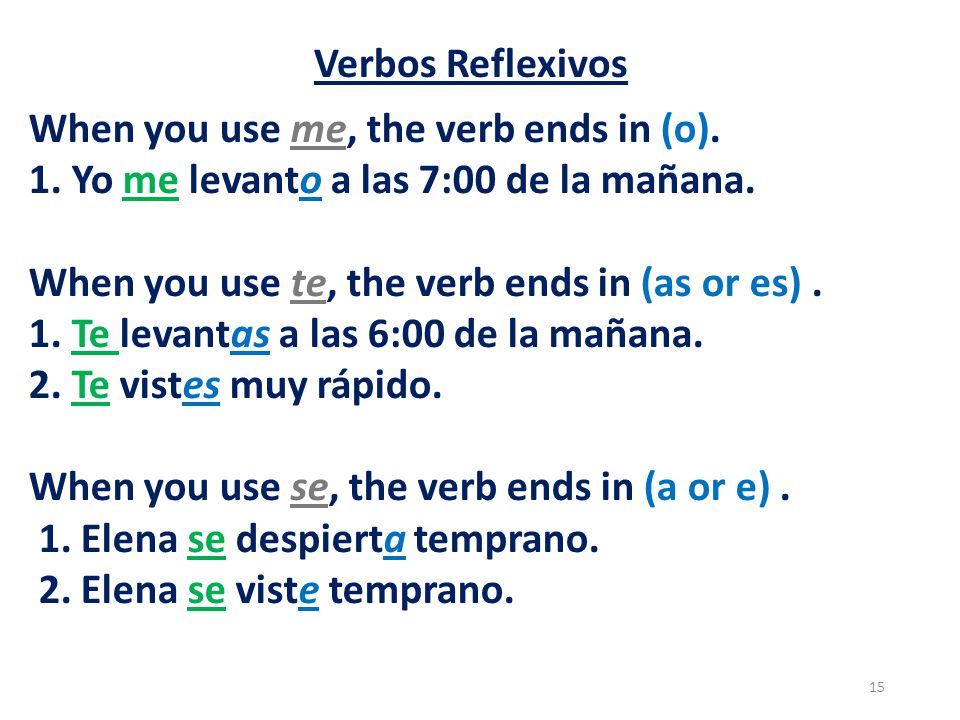 Verbos Reflexivos When you use me, the verb ends in (o). 1. Yo me levanto a las 7:00 de la mañana.