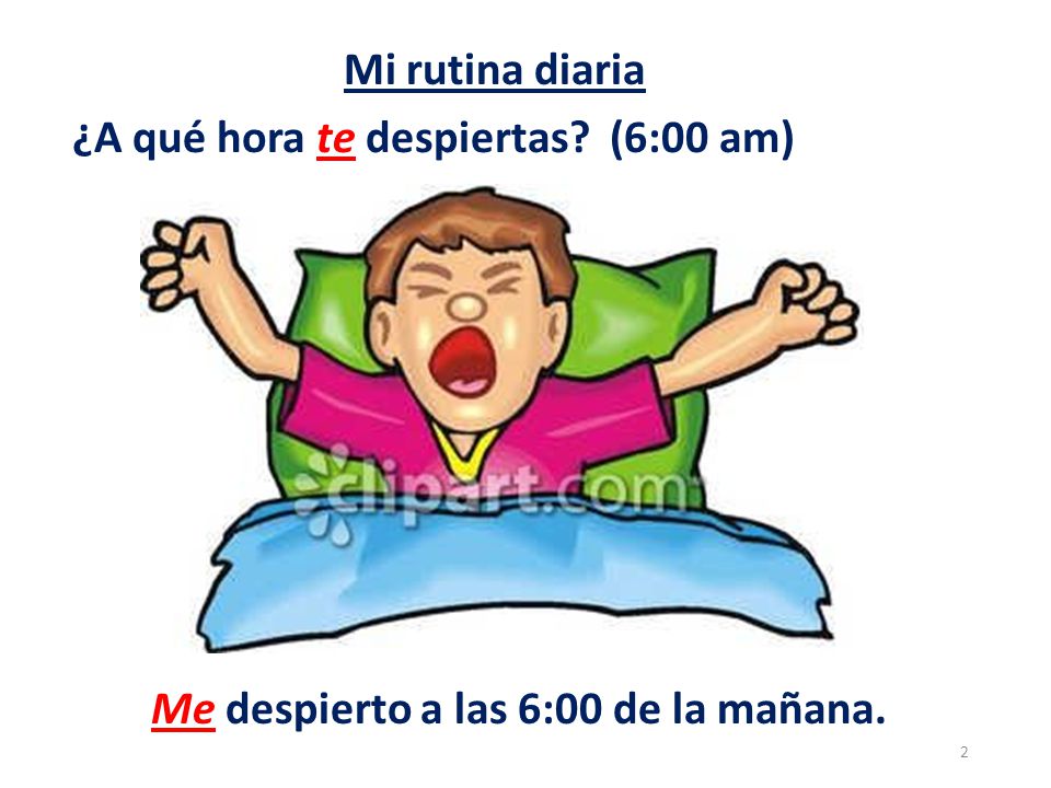 Mi rutina diaria ¿A qué hora te despiertas (6:00 am) Me despierto a las 6:00 de la mañana.