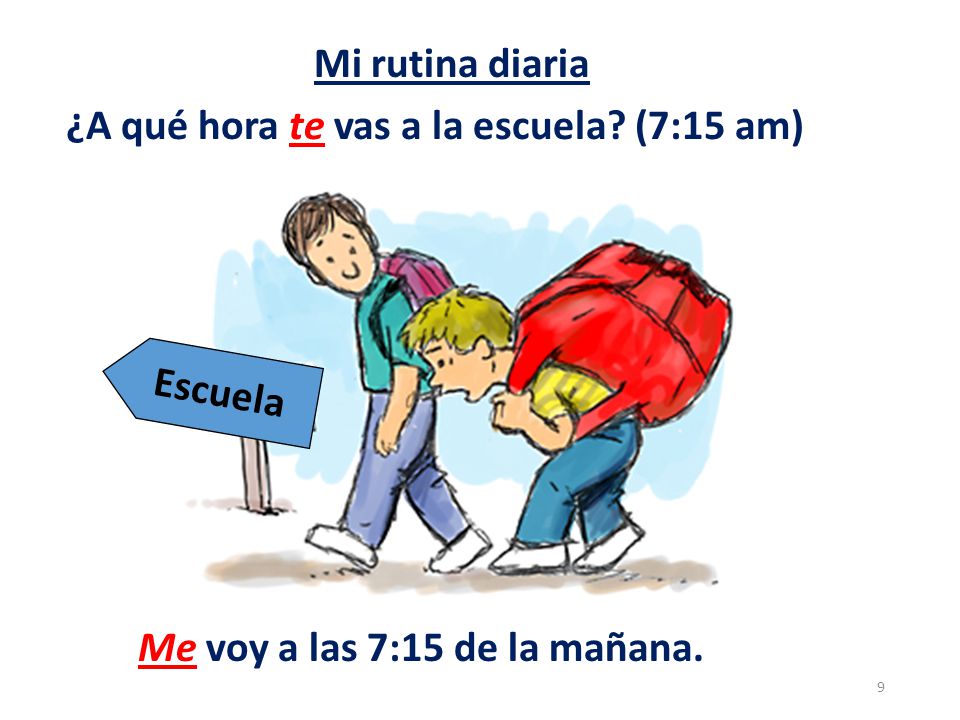 Mi rutina diaria ¿A qué hora te vas a la escuela (7:15 am) Escuela Me voy a las 7:15 de la mañana.