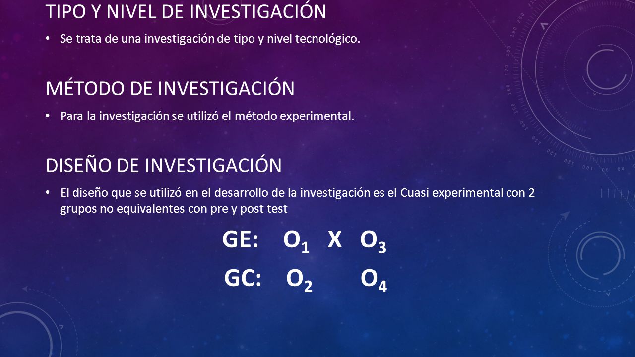GE: O1 X O3 GC: O2 O4 TIPO Y NIVEL DE INVESTIGACIÓN