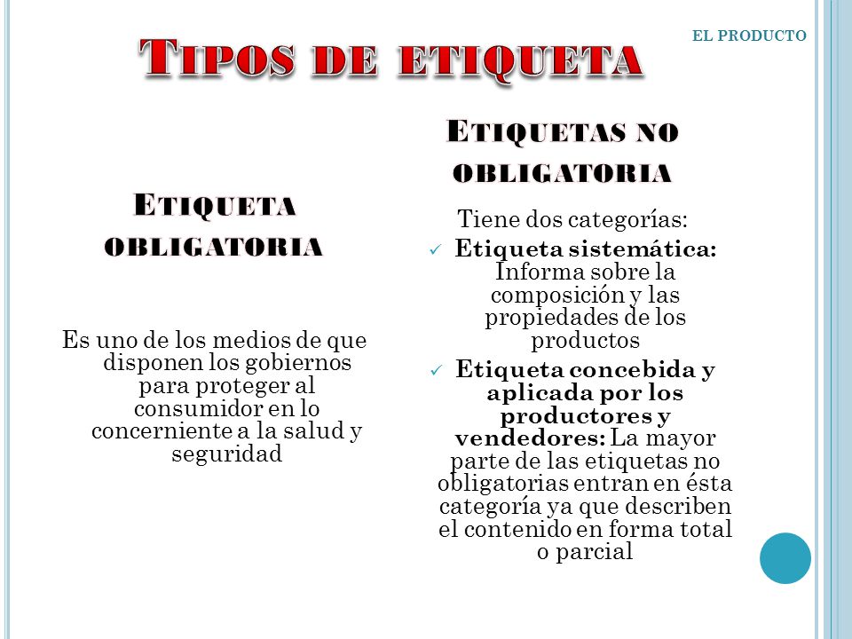 Tipos de etiqueta Etiquetas no obligatoria Etiqueta obligatoria