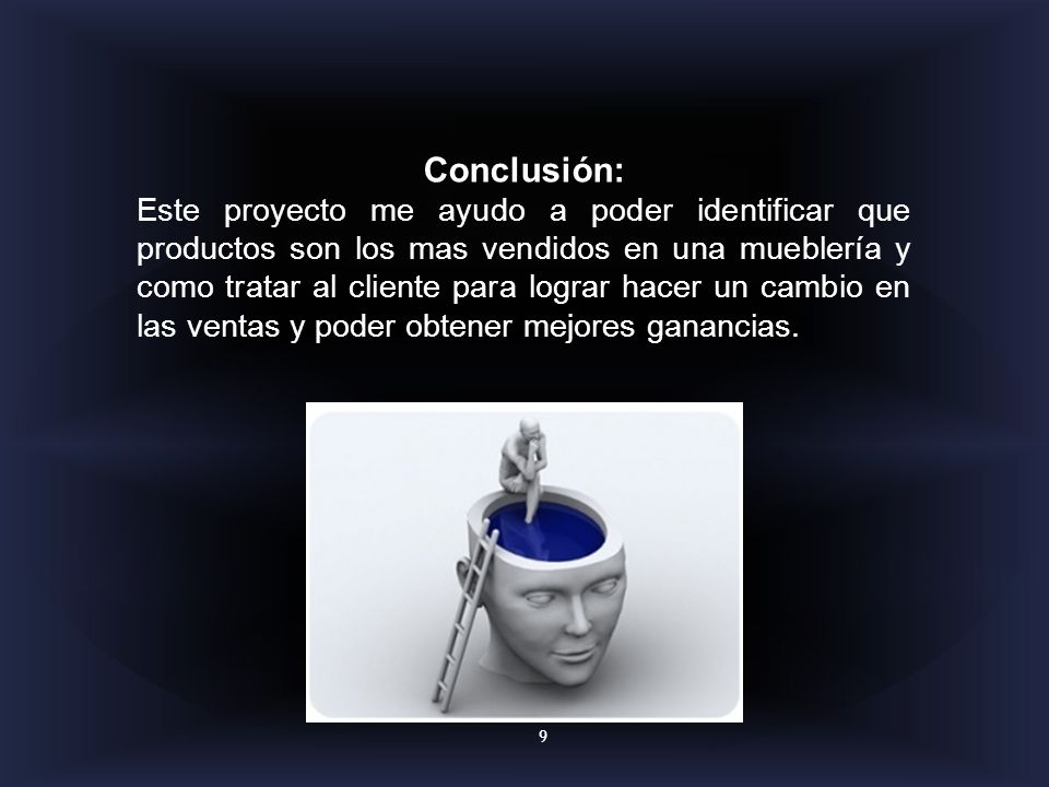 Conclusión: Este proyecto me ayudo a poder identificar que productos son los mas vendidos en una mueblería y como tratar al cliente para lograr hacer un cambio en las ventas y poder obtener mejores ganancias.