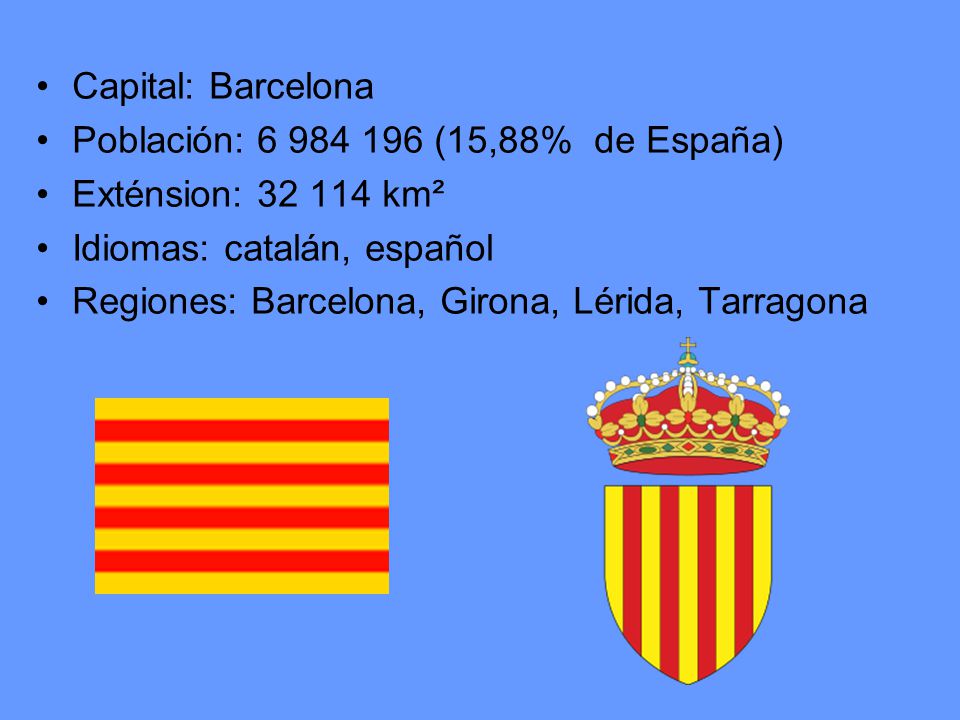 Capital: Barcelona Población: (15,88% de España) Exténsion: km². Idiomas: catalán, español.