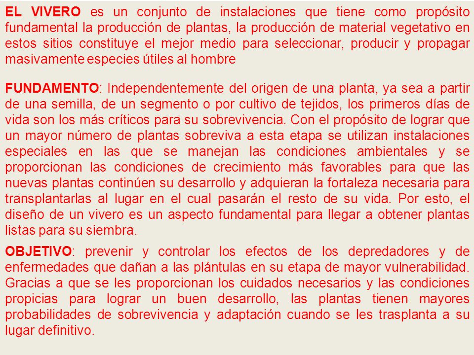 EL VIVERO es un conjunto de instalaciones que tiene como propósito fundamental la producción de plantas, la producción de material vegetativo en estos sitios constituye el mejor medio para seleccionar, producir y propagar masivamente especies útiles al hombre