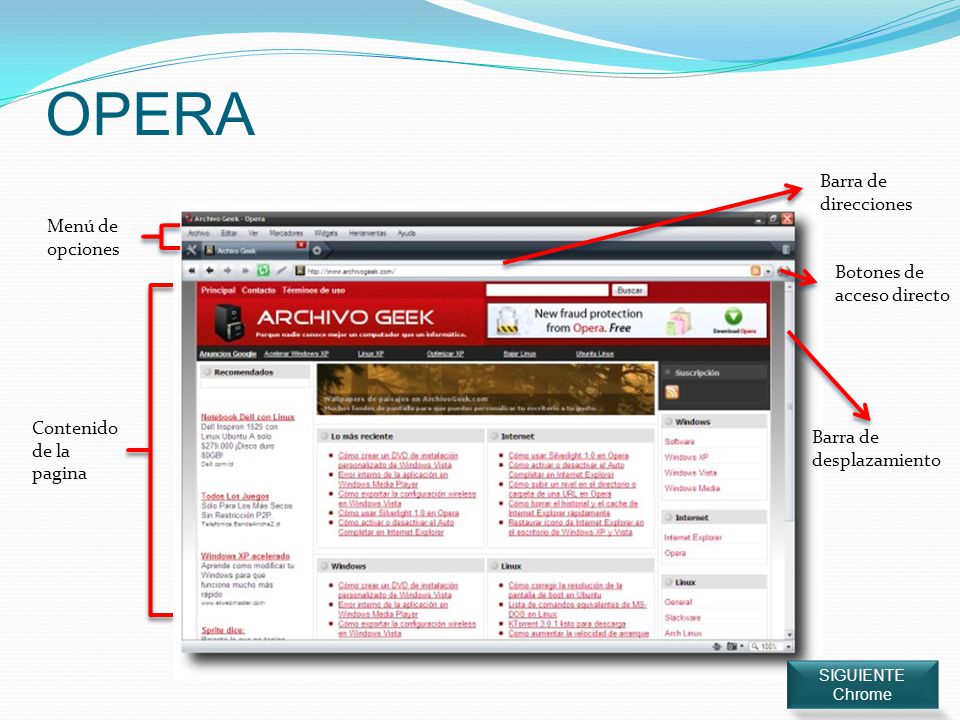 OPERA Barra de direcciones Menú de opciones Botones de acceso directo
