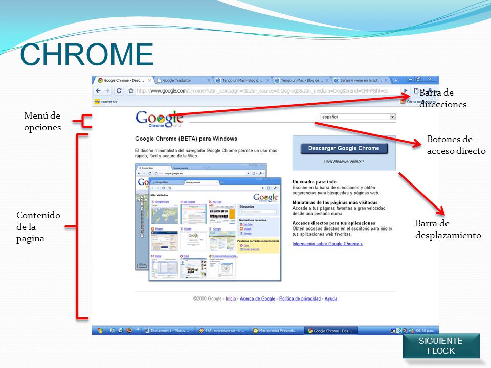 CHROME Barra de direcciones Menú de opciones Botones de acceso directo
