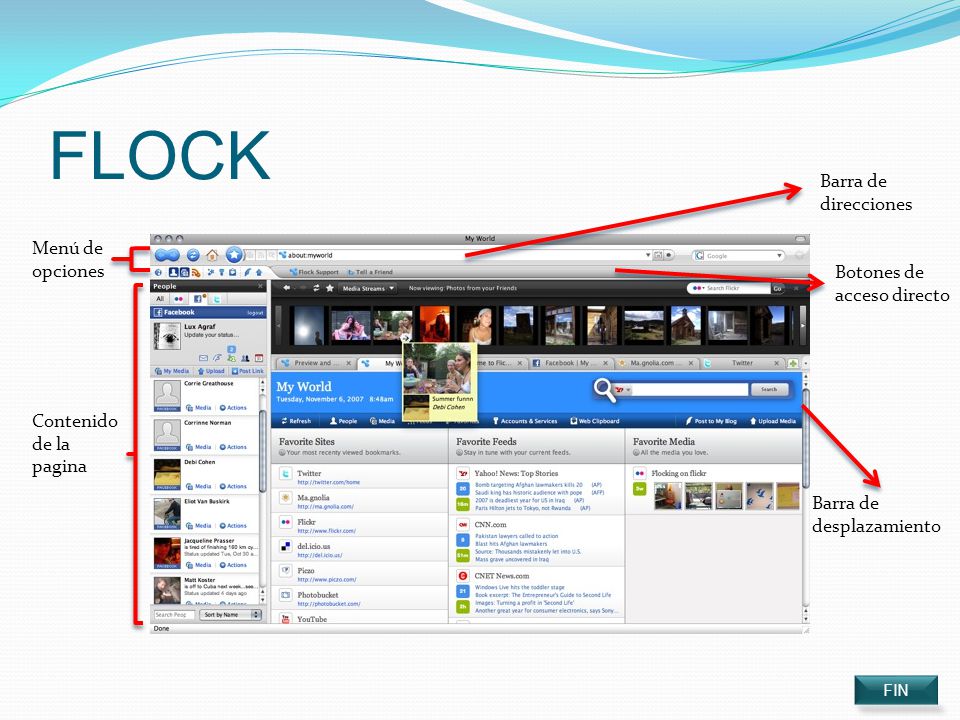 FLOCK Barra de direcciones Menú de opciones Botones de acceso directo