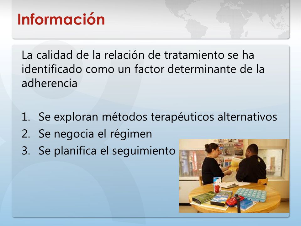 Información La calidad de la relación de tratamiento se ha identificado como un factor determinante de la adherencia.