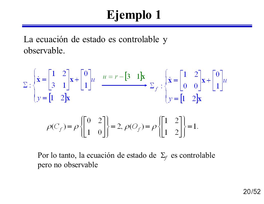 Ejemplo 1 La ecuación de estado es controlable y observable.
