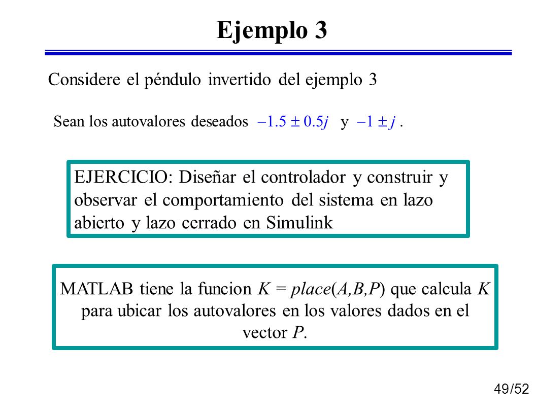Ejemplo 3 Considere el péndulo invertido del ejemplo 3. Sean los autovalores deseados 1.5  0.5j y 1  j .