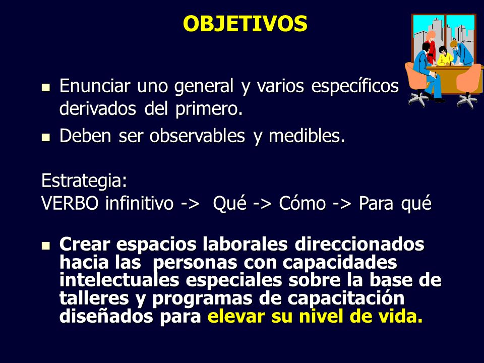 OBJETIVOS Enunciar uno general y varios específicos derivados del primero. Deben ser observables y medibles.
