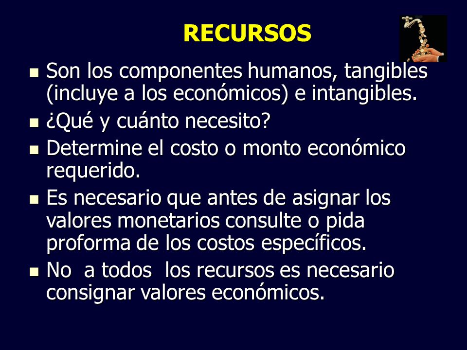 RECURSOS Son los componentes humanos, tangibles (incluye a los económicos) e intangibles. ¿Qué y cuánto necesito