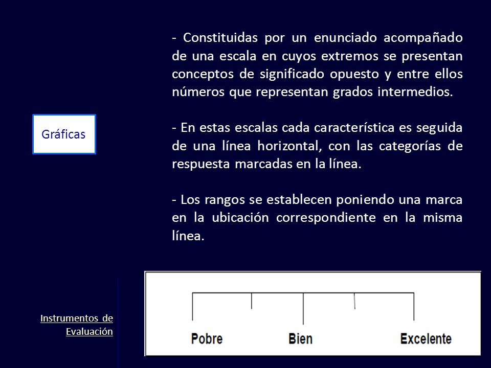 - Constituidas por un enunciado acompañado de una escala en cuyos extremos se presentan conceptos de significado opuesto y entre ellos números que representan grados intermedios.