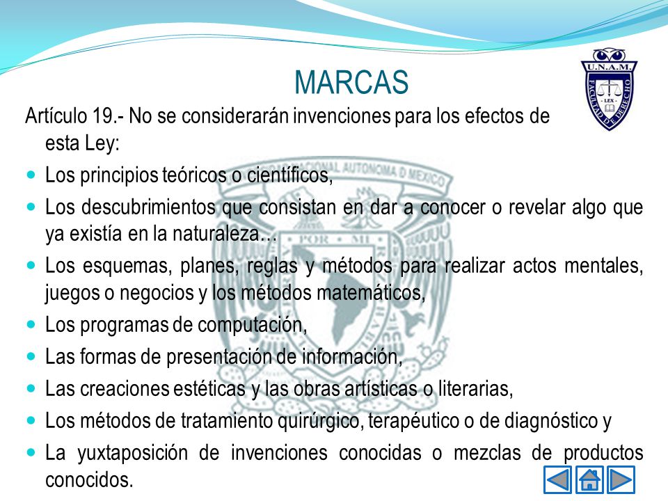 MARCAS Artículo 19.- No se considerarán invenciones para los efectos de esta Ley: Los principios teóricos o científicos,