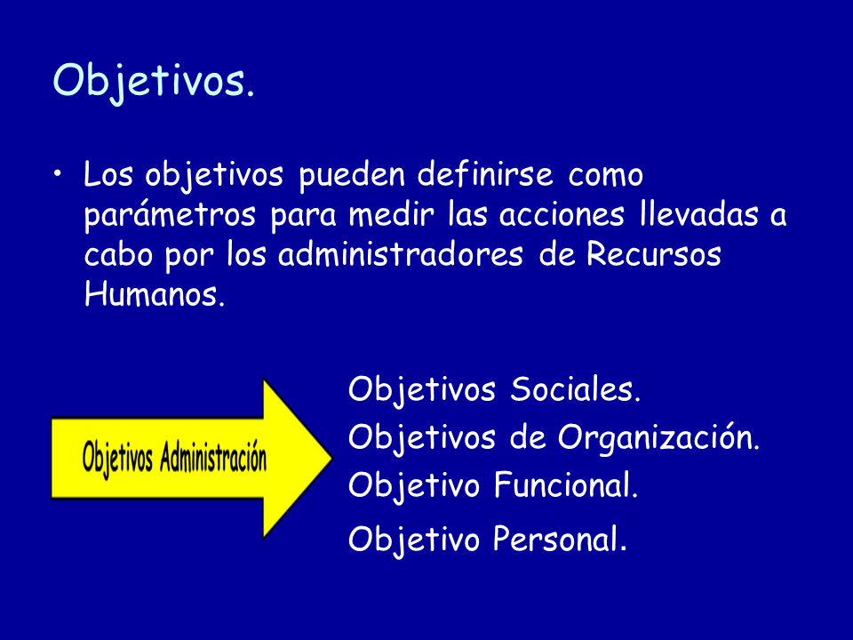 Objetivos. Los objetivos pueden definirse como parámetros para medir las acciones llevadas a cabo por los administradores de Recursos Humanos.