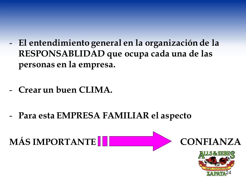 El entendimiento general en la organización de la RESPONSABLIDAD que ocupa cada una de las personas en la empresa.