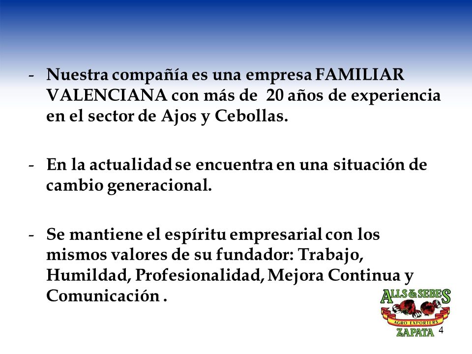 Nuestra compañía es una empresa FAMILIAR VALENCIANA con más de 20 años de experiencia en el sector de Ajos y Cebollas.