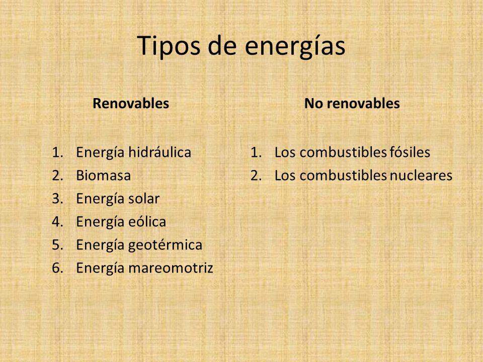 Tipos de energías Renovables No renovables Energía hidráulica Biomasa
