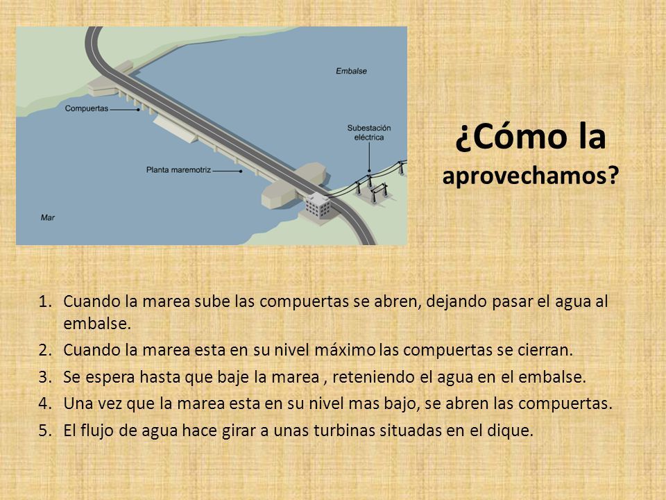 ¿Cómo la aprovechamos Cuando la marea sube las compuertas se abren, dejando pasar el agua al embalse.
