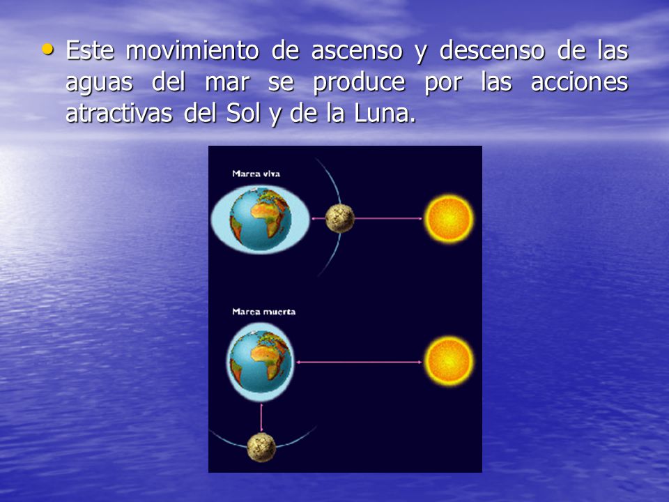 Este movimiento de ascenso y descenso de las aguas del mar se produce por las acciones atractivas del Sol y de la Luna.