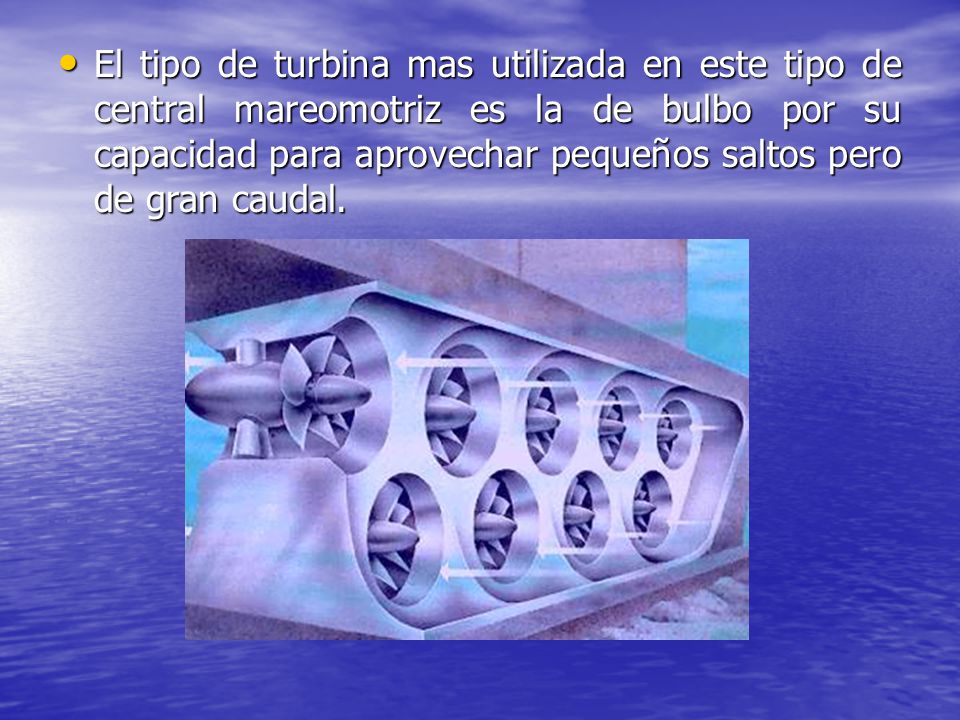 El tipo de turbina mas utilizada en este tipo de central mareomotriz es la de bulbo por su capacidad para aprovechar pequeños saltos pero de gran caudal.