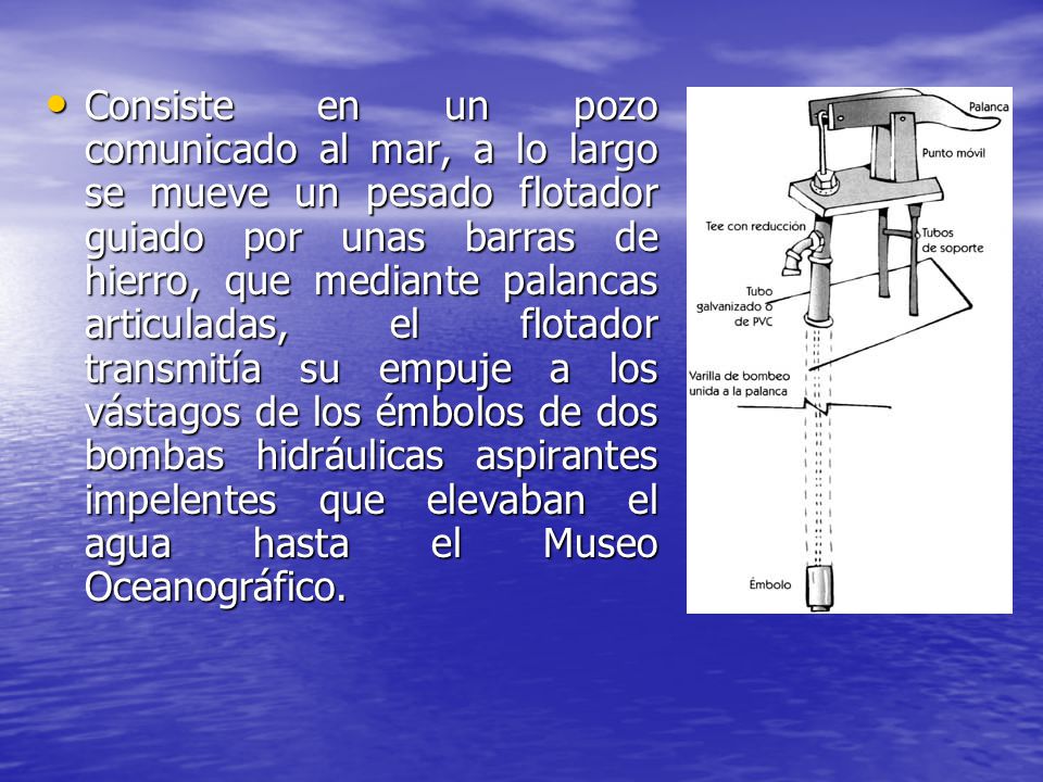 Consiste en un pozo comunicado al mar, a lo largo se mueve un pesado flotador guiado por unas barras de hierro, que mediante palancas articuladas, el flotador transmitía su empuje a los vástagos de los émbolos de dos bombas hidráulicas aspirantes impelentes que elevaban el agua hasta el Museo Oceanográfico.