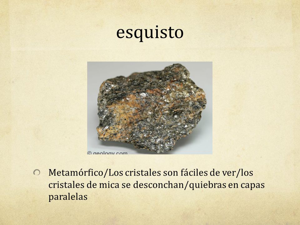 esquisto Metamórfico/Los cristales son fáciles de ver/los cristales de mica se desconchan/quiebras en capas paralelas.