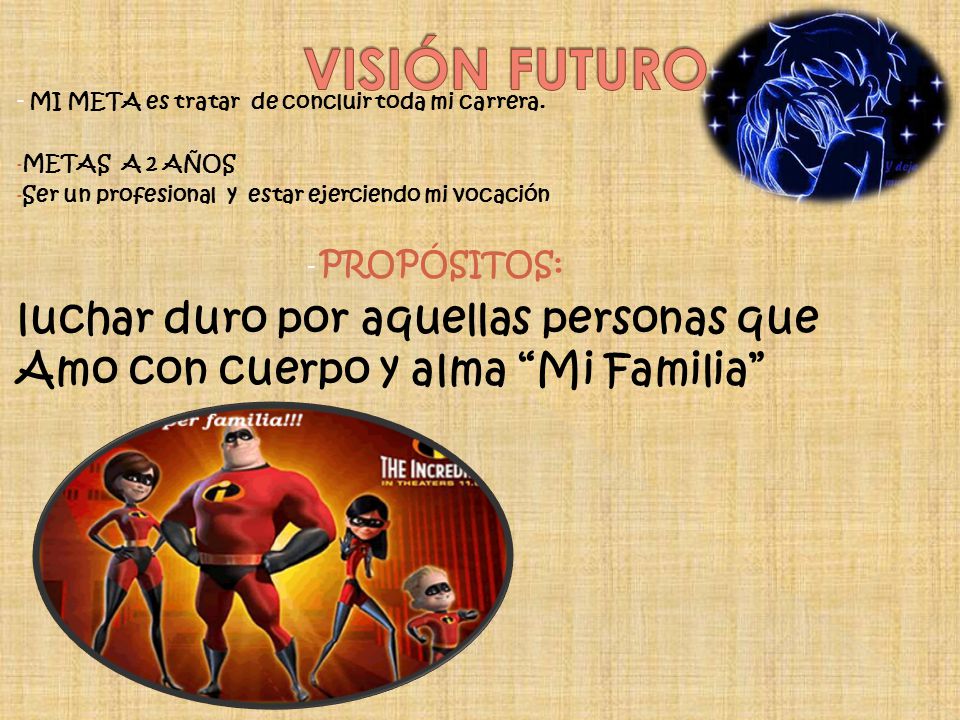 VISIÓN FUTURO - MI META es tratar de concluir toda mi carrera. METAS A 2 AÑOS. Ser un profesional y estar ejerciendo mi vocación.