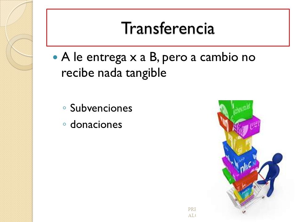 Transferencia A le entrega x a B, pero a cambio no recibe nada tangible. Subvenciones. donaciones.