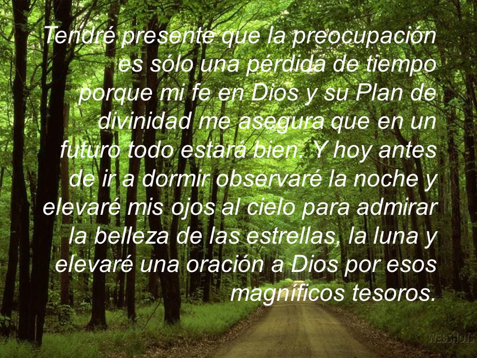 Tendré presente que la preocupación es sólo una pérdida de tiempo porque mi fe en Dios y su Plan de divinidad me asegura que en un futuro todo estará bien.