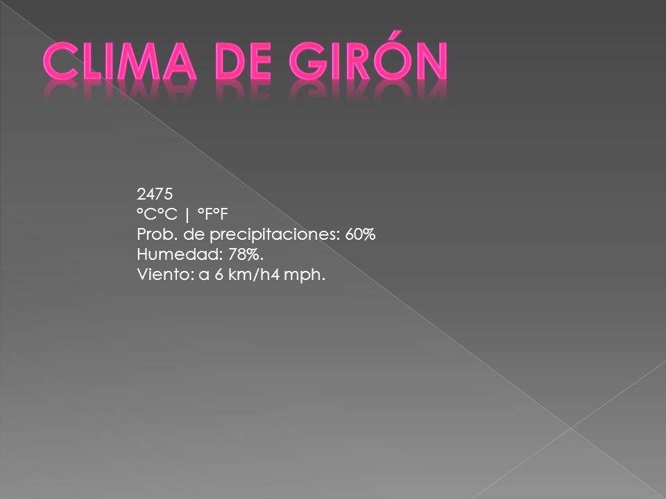 CLIMA DE GIRÓN 2475 °C°C | °F°F Prob. de precipitaciones: 60%