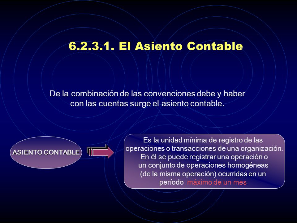 El Asiento Contable De la combinación de las convenciones debe y haber con las cuentas surge el asiento contable.